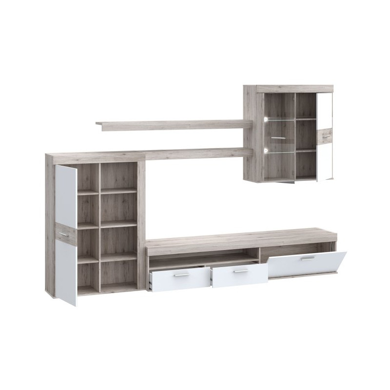 Meblościanka Zumba biały/dąb piaskowy – zabudowa RTV do salonu