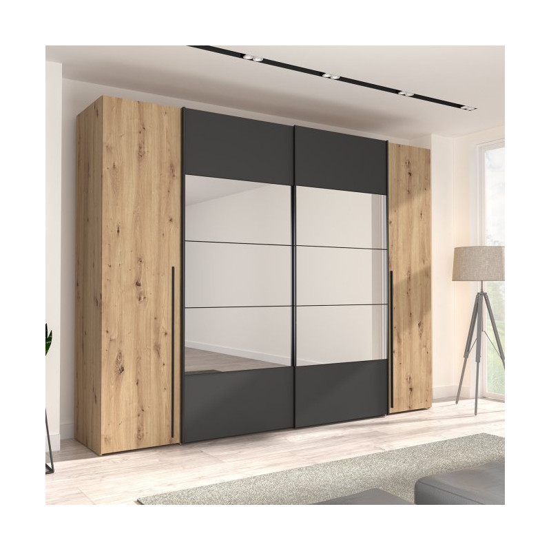 Szafa 4-drzwiowa z lustrem 270 cm | dąb artisan/czarny