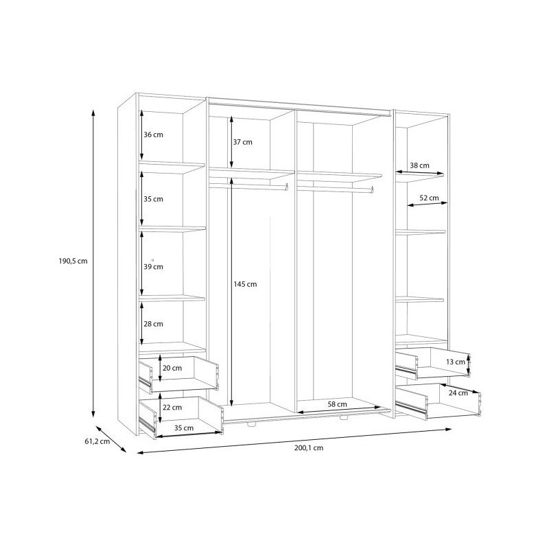 Szafa przesuwna z szufladami Narago 200 cm | dąb artisan/biały