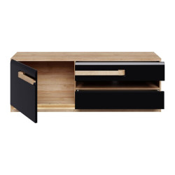 Szafka RTV 140 cm z oświetleniem Attention ATNT231LB dąb riviera/czarny połysk