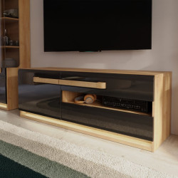 Szafka RTV 140 cm z oświetleniem Attention ATNT231LB dąb riviera/czarny połysk