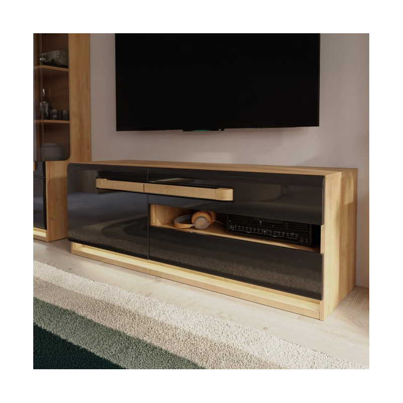 Szafka RTV 140 cm z oświetleniem Attention ATNT231LB dąb riviera/czarny połysk