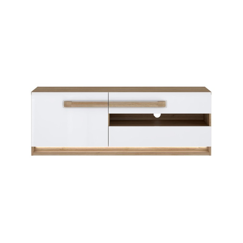 Szafka RTV 140 cm z oświetleniem Attention ATNT231LB dąb riviera/biały połysk