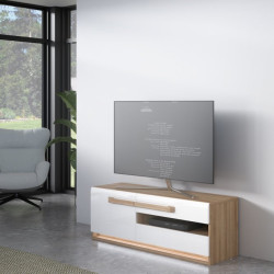 Szafka RTV 140 cm z oświetleniem Attention ATNT231LB dąb riviera/biały połysk