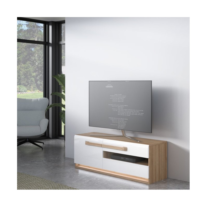 Szafka RTV 140 cm z oświetleniem Attention ATNT231LB dąb riviera/biały połysk