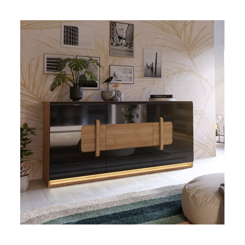 Komoda 190 cm z oświetleniem Attention ATNK231B dąb riviera/czarny połysk