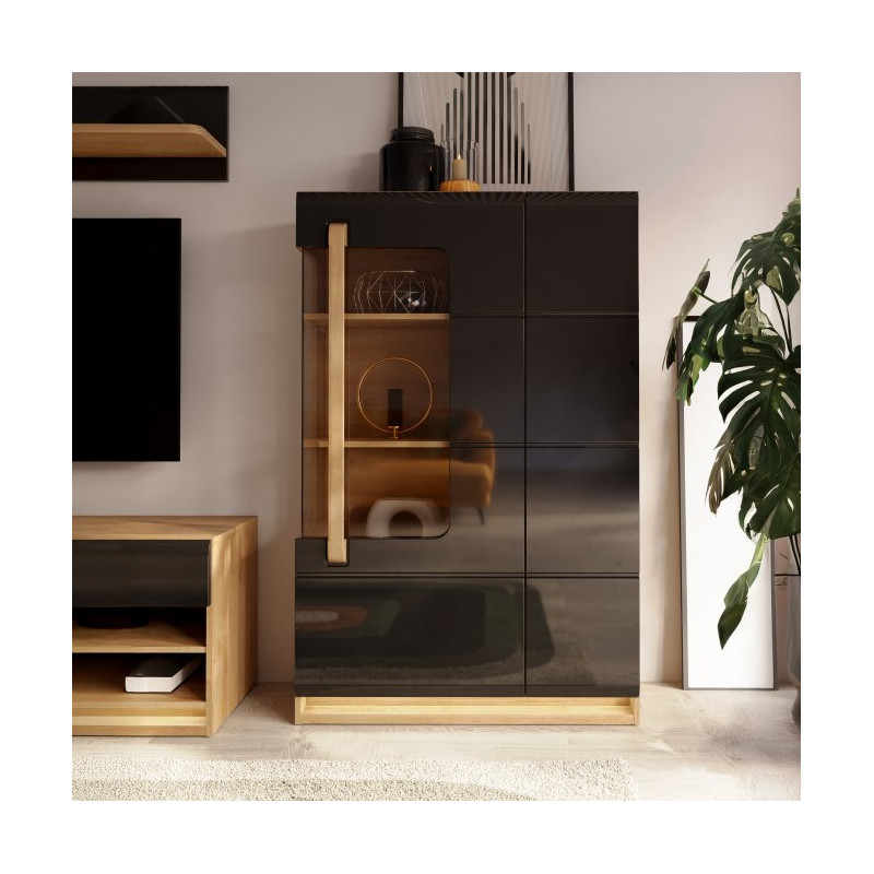 Witryna z oświetleniem 90 cm Attention ATNV511RB dąb riviera/czarny połysk