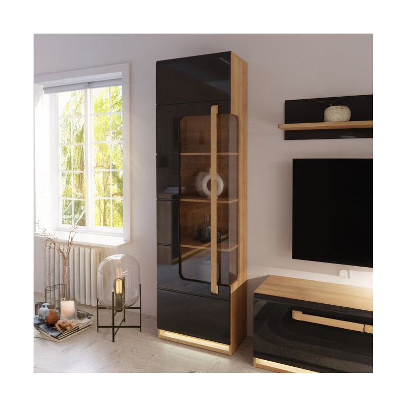 Wąska witryna z oświetleniem 60 cm Attention ATNV711LB dąb riviera/czarny połysk