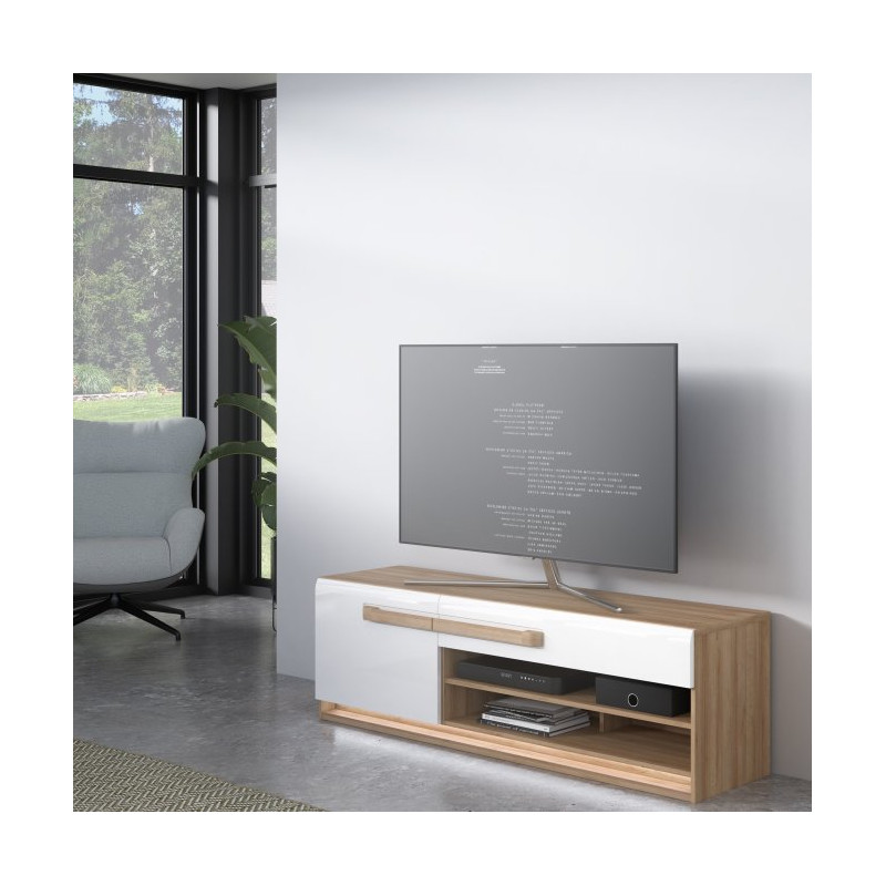 Szafka RTV 160 cm z oświetleniem Attention ATNT122LB dąb riviera/biały połysk