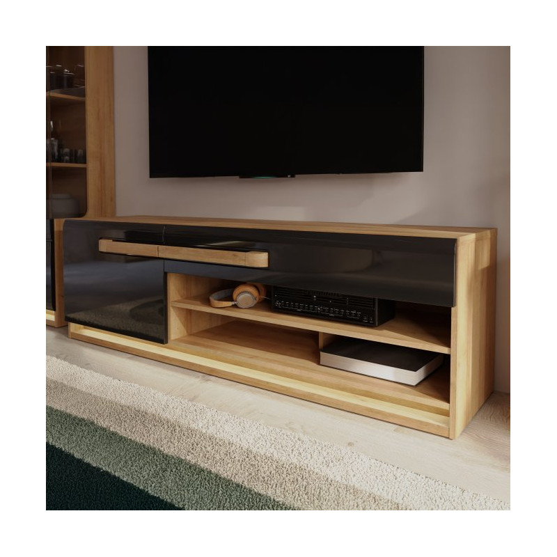 Szafka RTV 160 cm z oświetleniem Attention ATNT122LB dąb riviera/czarny połysk