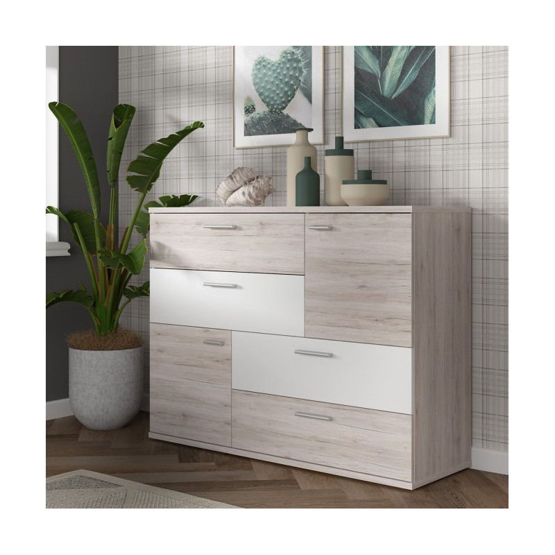 Komoda z szufladami Skive SKVK46 biały/dąb piaskowy