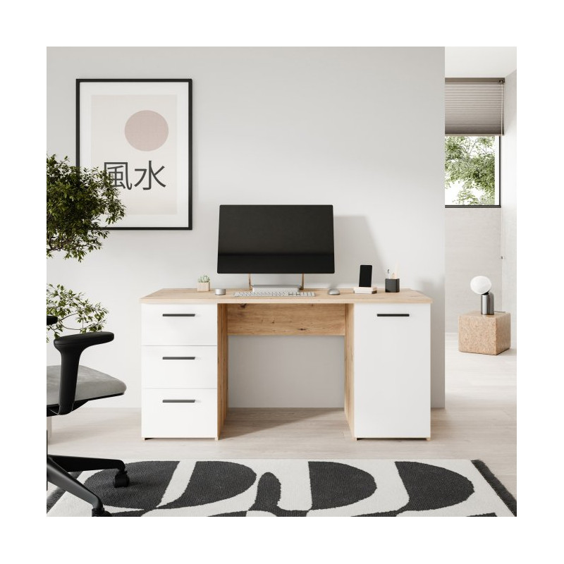 Biurko 140x60 cm z szufladami i szafką NET106 MT311 biały/dąb artisan
