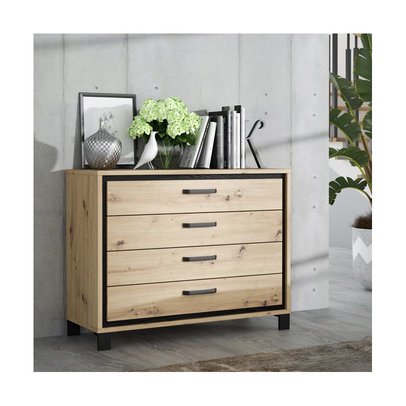 Komoda z 4 szufladami Trondheim TDHK211 dąb artisan/dąb czarny