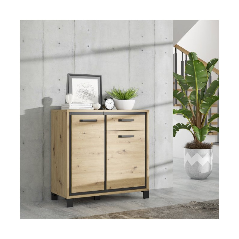 Komoda loft 90 cm z szufladą Trondheim TDHK222 dąb artisan/dąb czarny