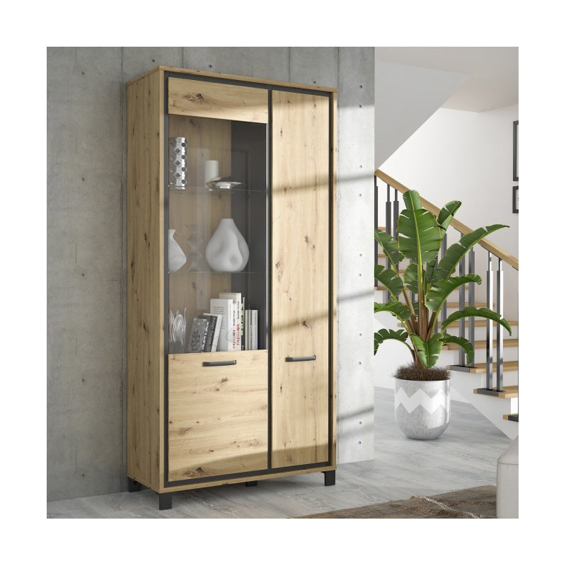 Wysoka witryna 100 cm Trondheim TDHV821L dąb artisan/dąb czarny