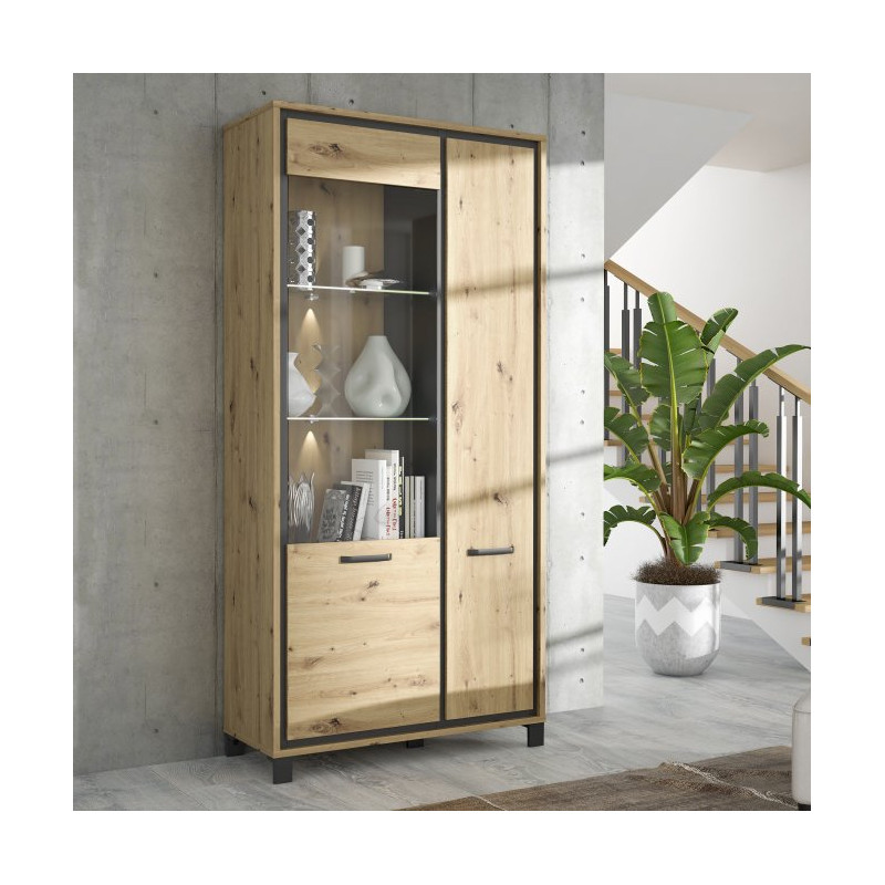 Wysoka witryna 100 cm Trondheim TDHV821L dąb artisan/dąb czarny