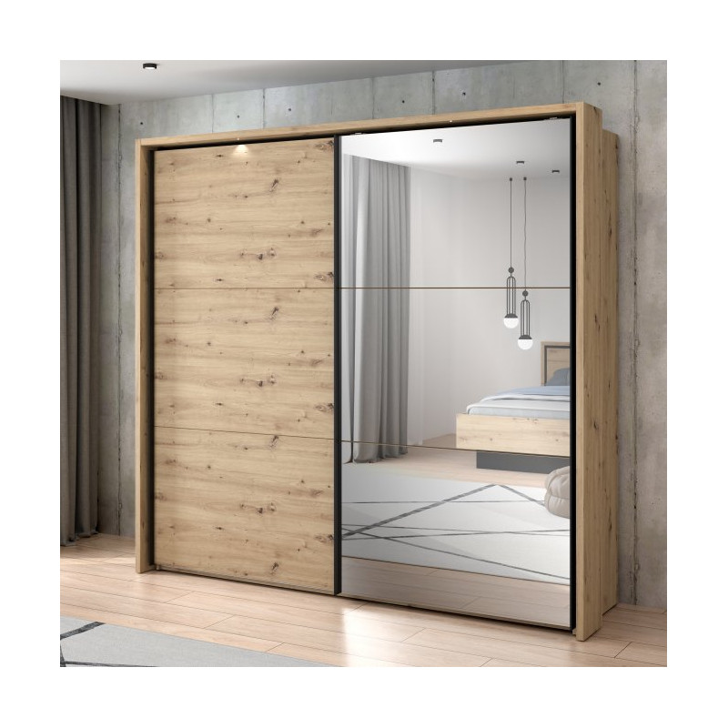 Szafa przesuwna z lustrem i oświetleniem 230 cm Trondheim TDHS9233B dąb artisan/dąb czarny