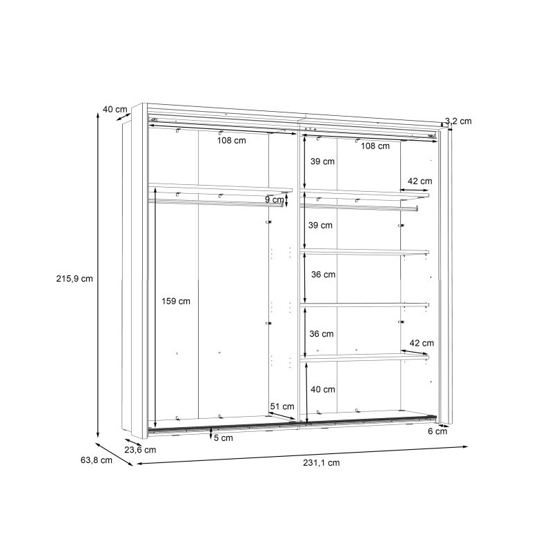 Szafa przesuwna z lustrem i oświetleniem 230 cm Trondheim TDHS9233B dąb artisan/dąb czarny