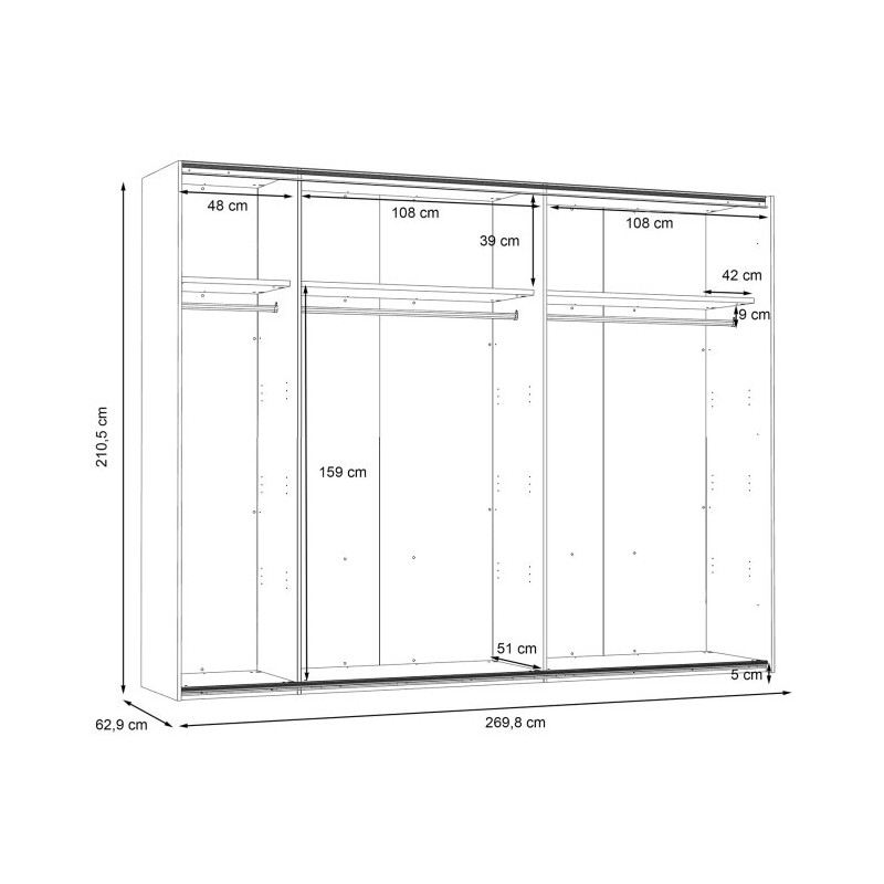 Szafa przesuwna z lustrem 270 cm Trondheim TDHS1211 dąb artisan