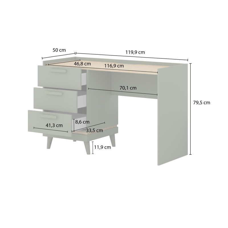 Biurko SCANDI 120 cm dąb olejowany zielony – 3 szuflady