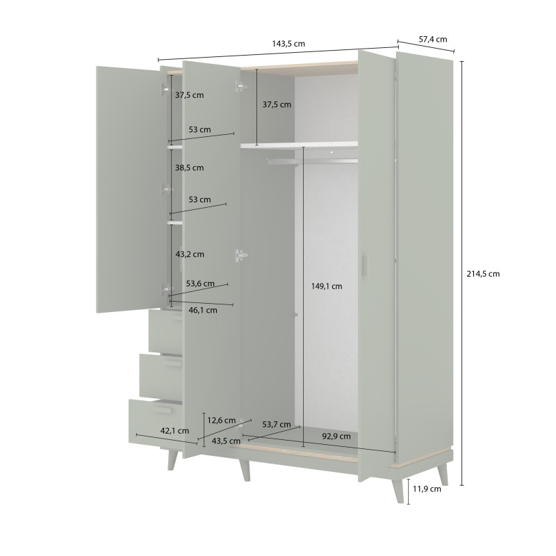 Szafa SCANDI 143,5 cm dąb olejowany/ceglany – 3 drzwi, 3 szuflady