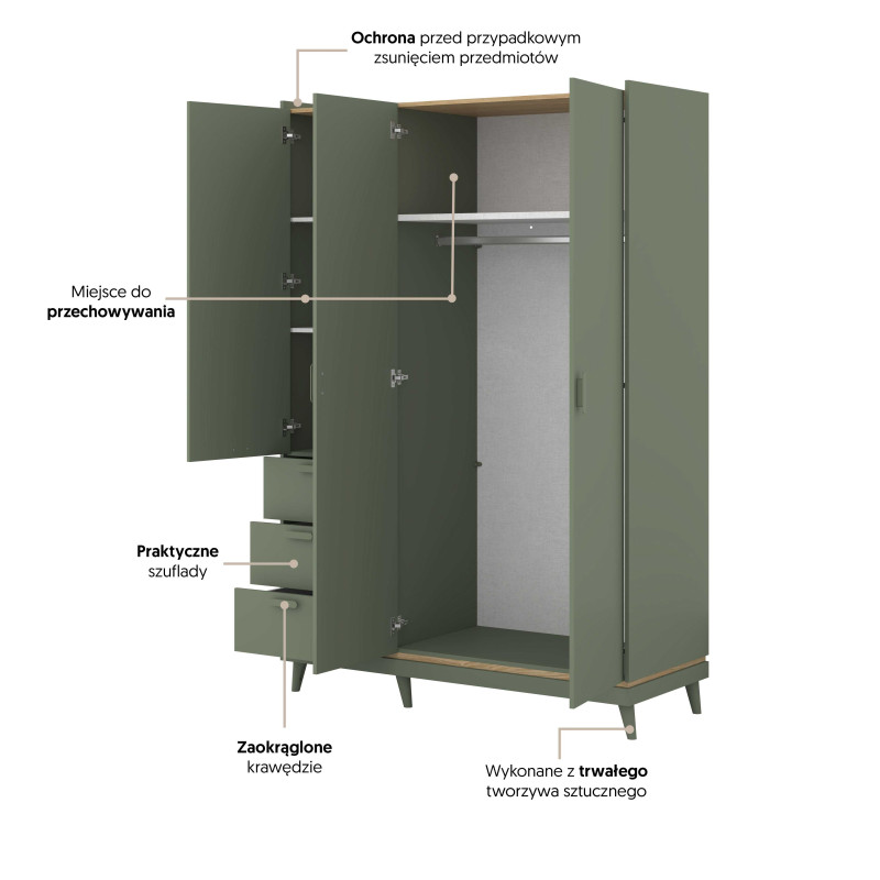 Szafa SCANDI 143,5 cm dąb olejowany/ceglany – 3 drzwi, 3 szuflady