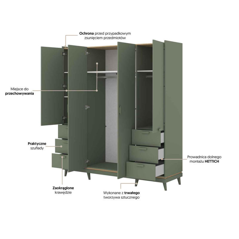 Szafa SCANDI 190 cm dąb olejowany/ceglany – 4 drzwi, 6 szuflad