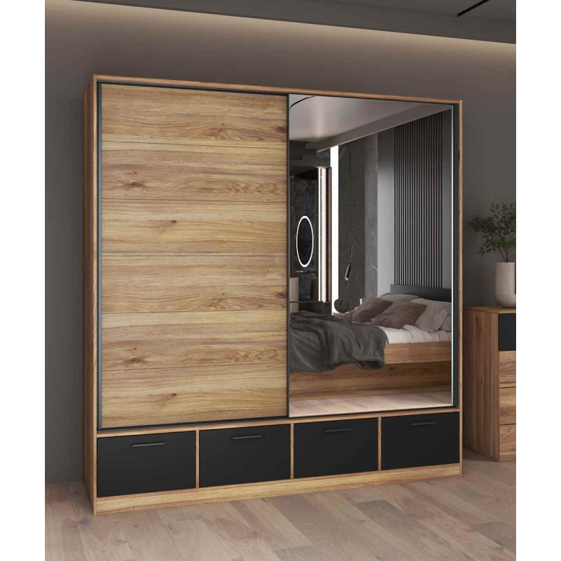 Szafa przesuwna 200 cm z lustrem Beta Dąb Mauvella/Czarny Helvetia Wieruszów