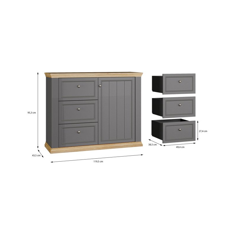 Komoda 120 cm Pontypool PNTK226L dąb mauvella/uni wolfram szary