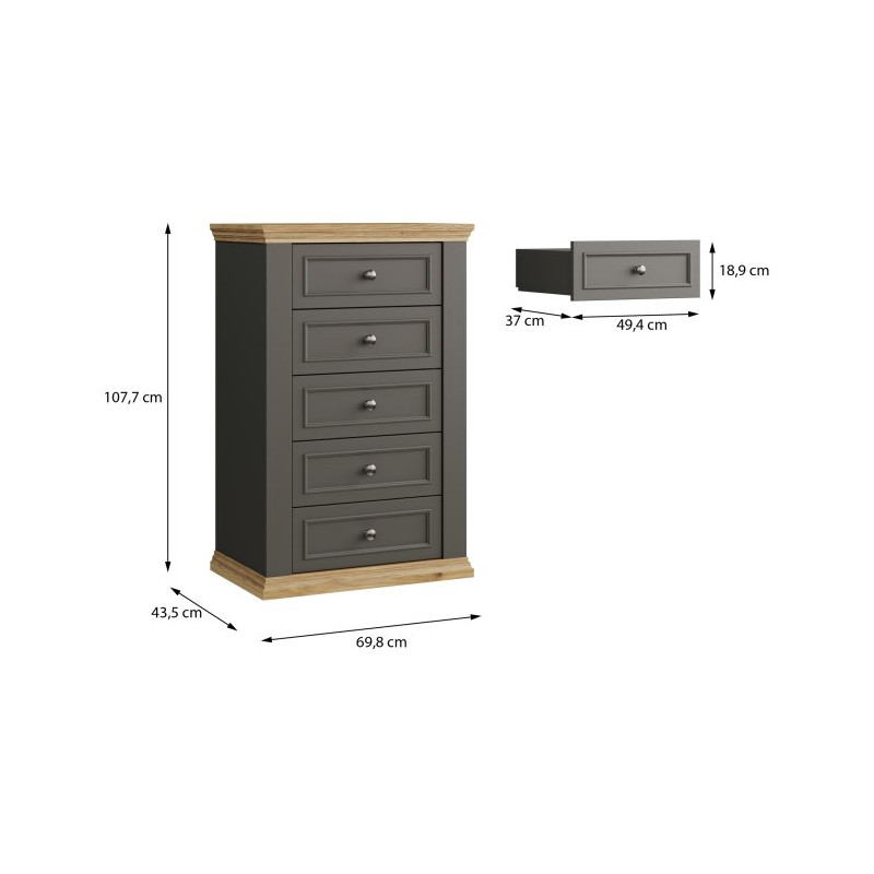 Wąska komoda 70 cm Pontypool PNTK211 dąb mauvella/uni wolfram szary