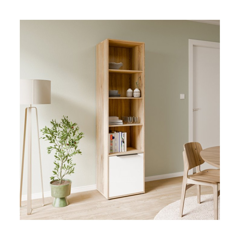 Wysoki regał Orkney OKYR711 dąb mauvella/biały połysk