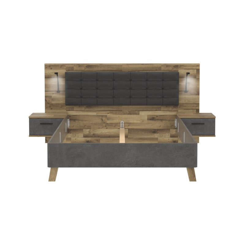 Łóżko + szafki nocne Ricciano RCQL1164B beton ciemnoszary/dąb klepkowy