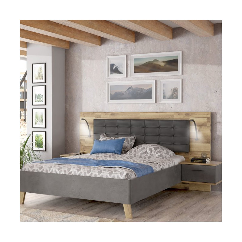 Łóżko + szafki nocne Ricciano RCQL1164B beton ciemnoszary/dąb klepkowy
