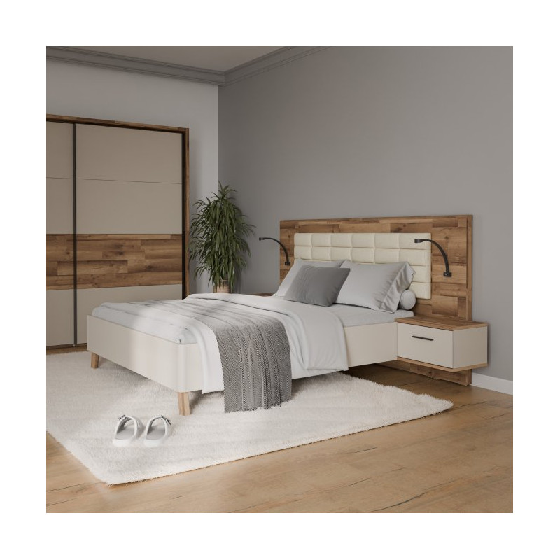 Łóżko + szafki nocne Ricciano RCQL1164B piaskowy/dąb klepkowy