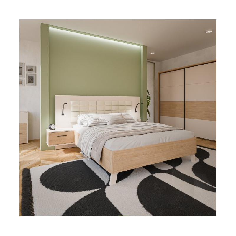 Łóżko + szafki nocne Ricciano RCQL1164B piaskowy/dąb elegancja