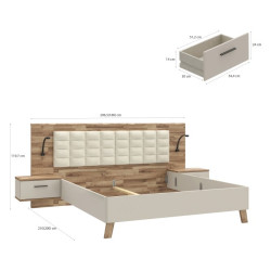 Łóżko z szafkami nocnymi Ricciano RCQL1184B piaskowy/dąb klepkowy