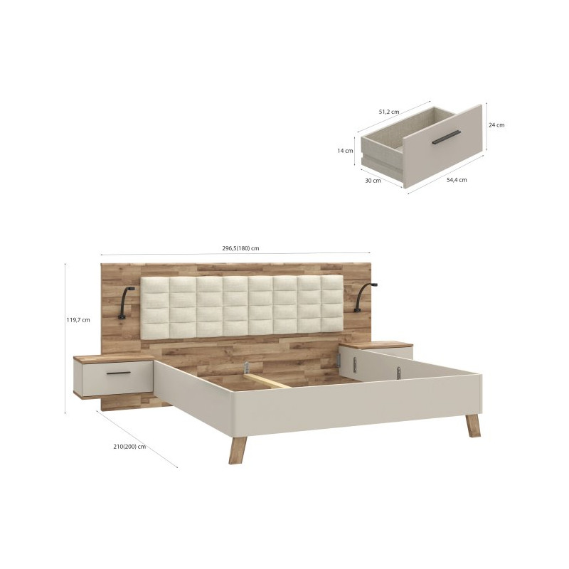 Łóżko z szafkami nocnymi Ricciano RCQL1184B piaskowy/dąb klepkowy