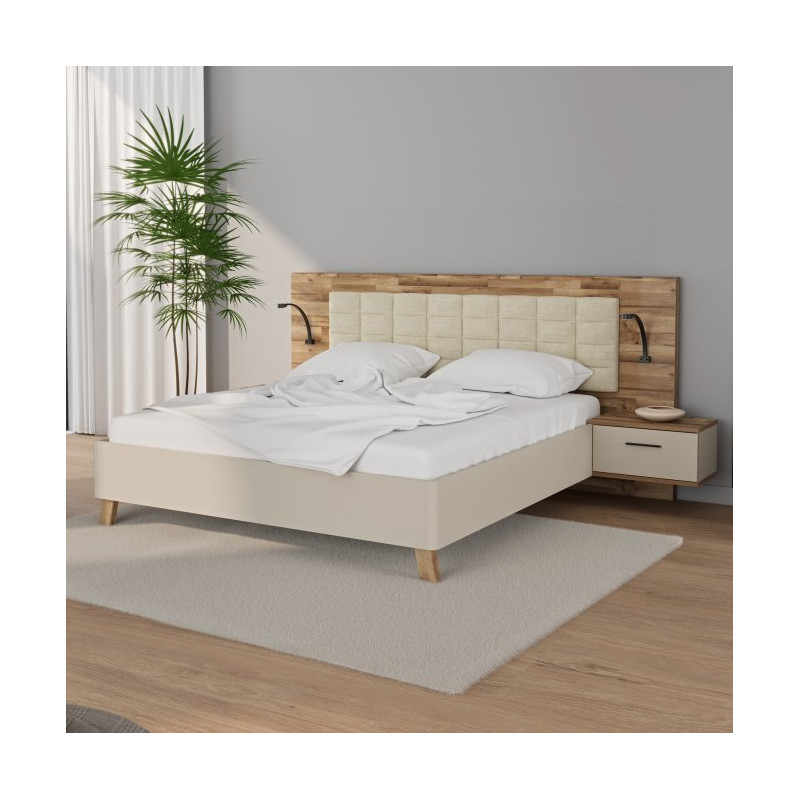 Łóżko z szafkami nocnymi Ricciano RCQL1184B piaskowy/dąb klepkowy