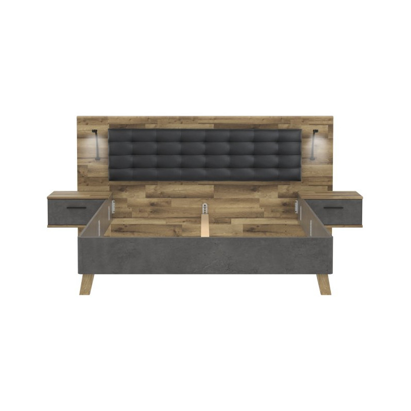 Łóżko 180 + szafki nocne Ricciano RCQL1184 beton ciemnoszary/dąb klepkowy