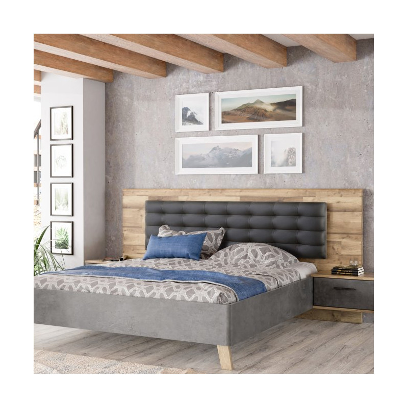 Łóżko 180 + szafki nocne Ricciano RCQL1184 beton ciemnoszary/dąb klepkowy