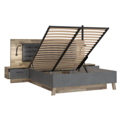 Łóżko z pojemnikiem i szafkami nocnymi Ricciano RCQL2164B beton ciemnoszary/dąb klepkowy