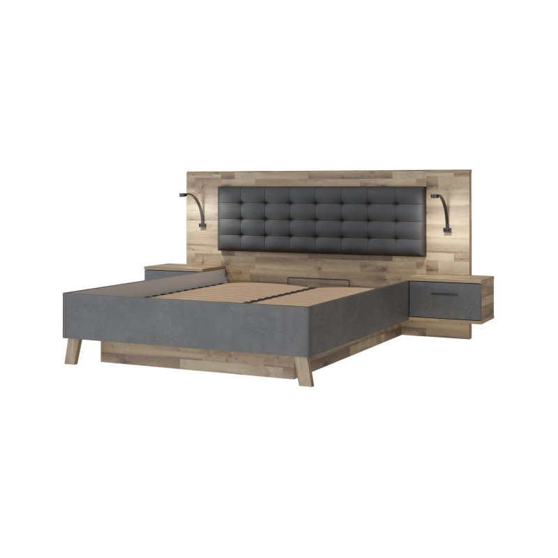 Łóżko z pojemnikiem i szafkami nocnymi Ricciano RCQL2164B beton ciemnoszary/dąb klepkowy
