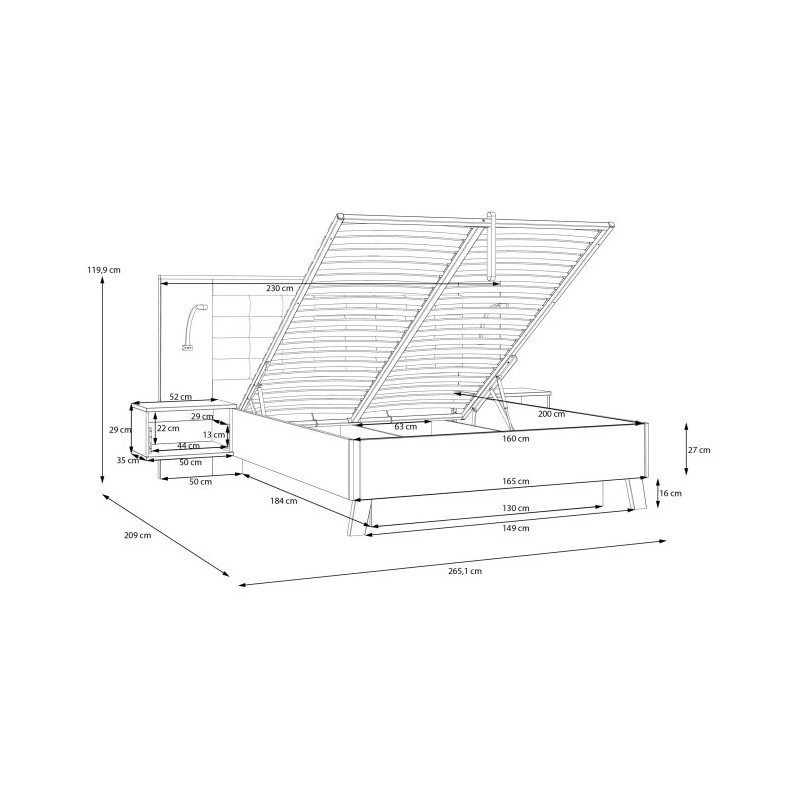 Łóżko z pojemnikiem i szafkami nocnymi Ricciano RCQL2164B beton ciemnoszary/dąb klepkowy