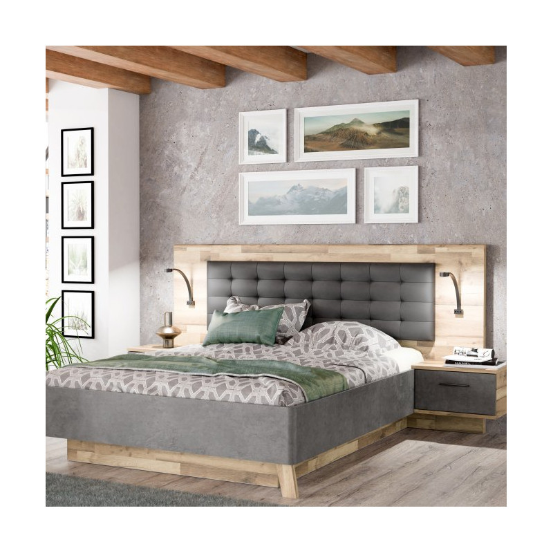 Łóżko z pojemnikiem i szafkami nocnymi Ricciano RCQL2164B beton ciemnoszary/dąb klepkowy