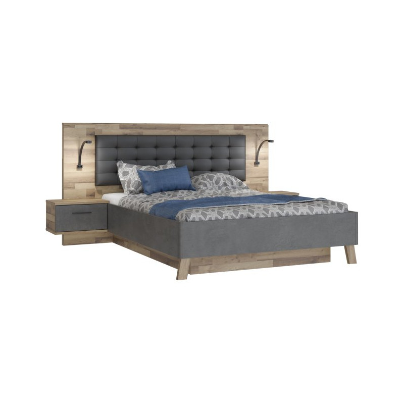Łóżko z pojemnikiem i szafkami nocnymi Ricciano RCQL2164B beton ciemnoszary/dąb klepkowy