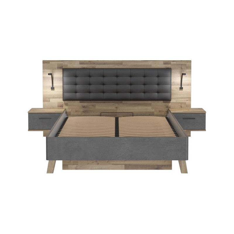 Łóżko z pojemnikiem i szafkami nocnymi Ricciano RCQL2164B beton ciemnoszary/dąb klepkowy