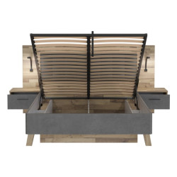 Łóżko z pojemnikiem i szafkami nocnymi Ricciano RCQL2164B beton ciemnoszary/dąb klepkowy