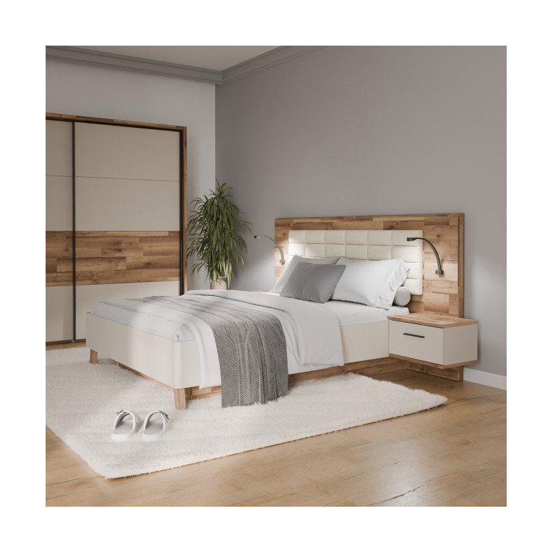 Łóżko z pojemnikiem i szafkami nocnymi Ricciano RCQL2164B piaskowy/dąb klepkowy