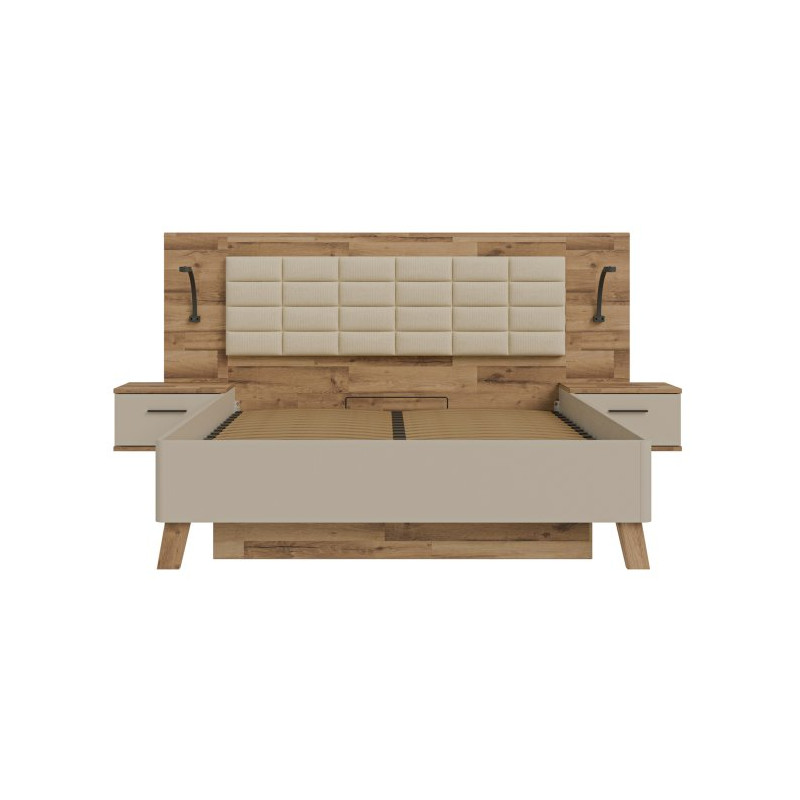 Łóżko z pojemnikiem i szafkami nocnymi Ricciano RCQL2164B piaskowy/dąb klepkowy