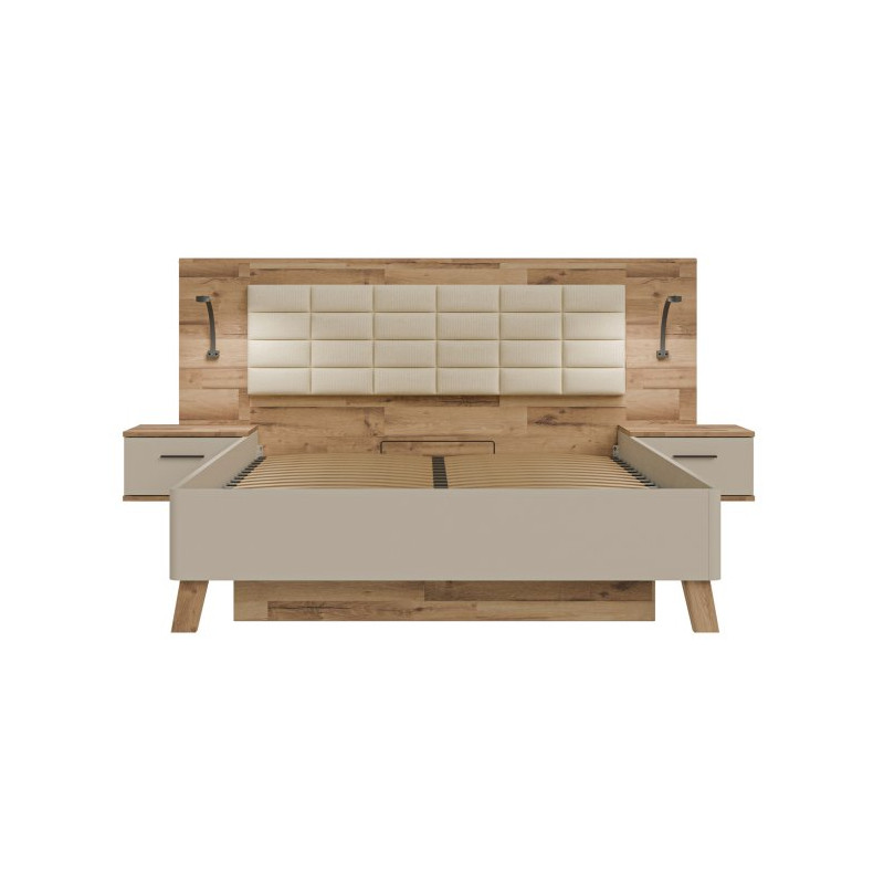 Łóżko z pojemnikiem i szafkami nocnymi Ricciano RCQL2164B piaskowy/dąb klepkowy